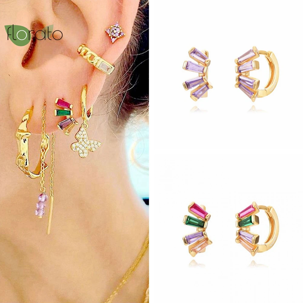 

925 Sterling Silver Needle Color Crystal CZ Geometric Gold Earrings Premium Small Hoop Earrings for women Party Trend Jewelry