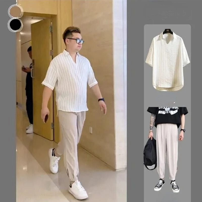

2023 Summer Outfit Men Set Clothes Men's Loose Casual Lce Silk Cotton Suit Short-sleeved Shirt + Pants 2-piece Set for Male A48