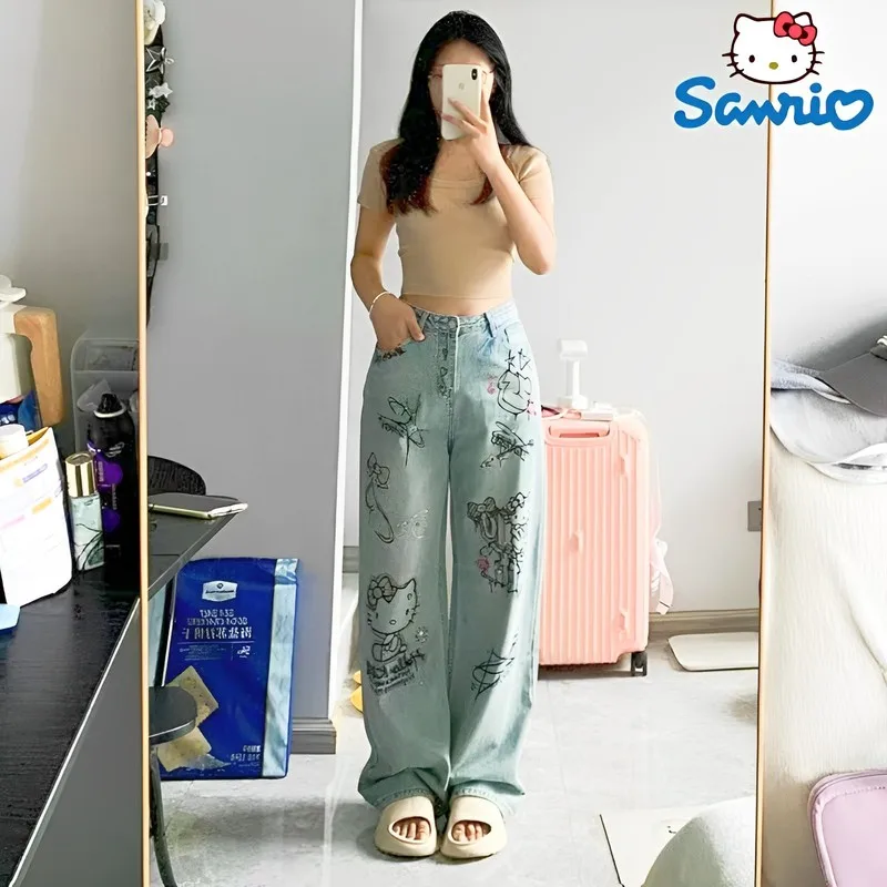 

Sanrio Hello Kitty Wide Leg Jeans Hot Diamond Printed Straight Tube Denim Pants For Women Streetwear Loose Floor Pants Dragging
