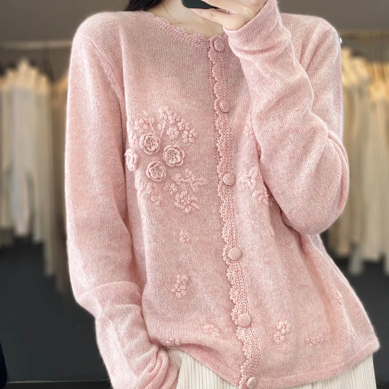 Женский кардиган из 100% чистого кашемира круглый вырез ручная вышивка Свободный