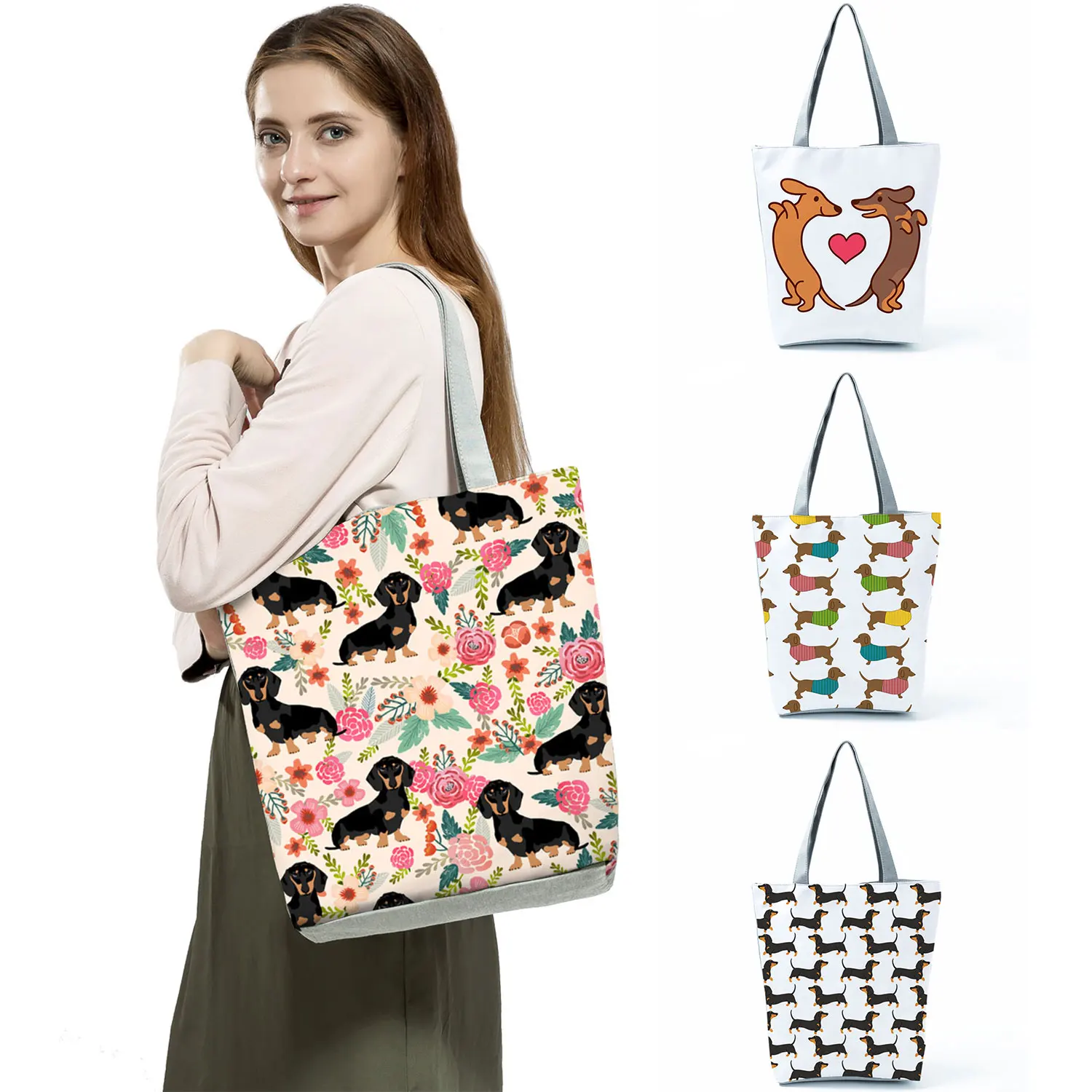 

Dachshund Printed Handbags Women High Capacity Travel Shoulder Bag Floral Shopping Bag Ladies Reusable Grocery Bag Drop Shipping
