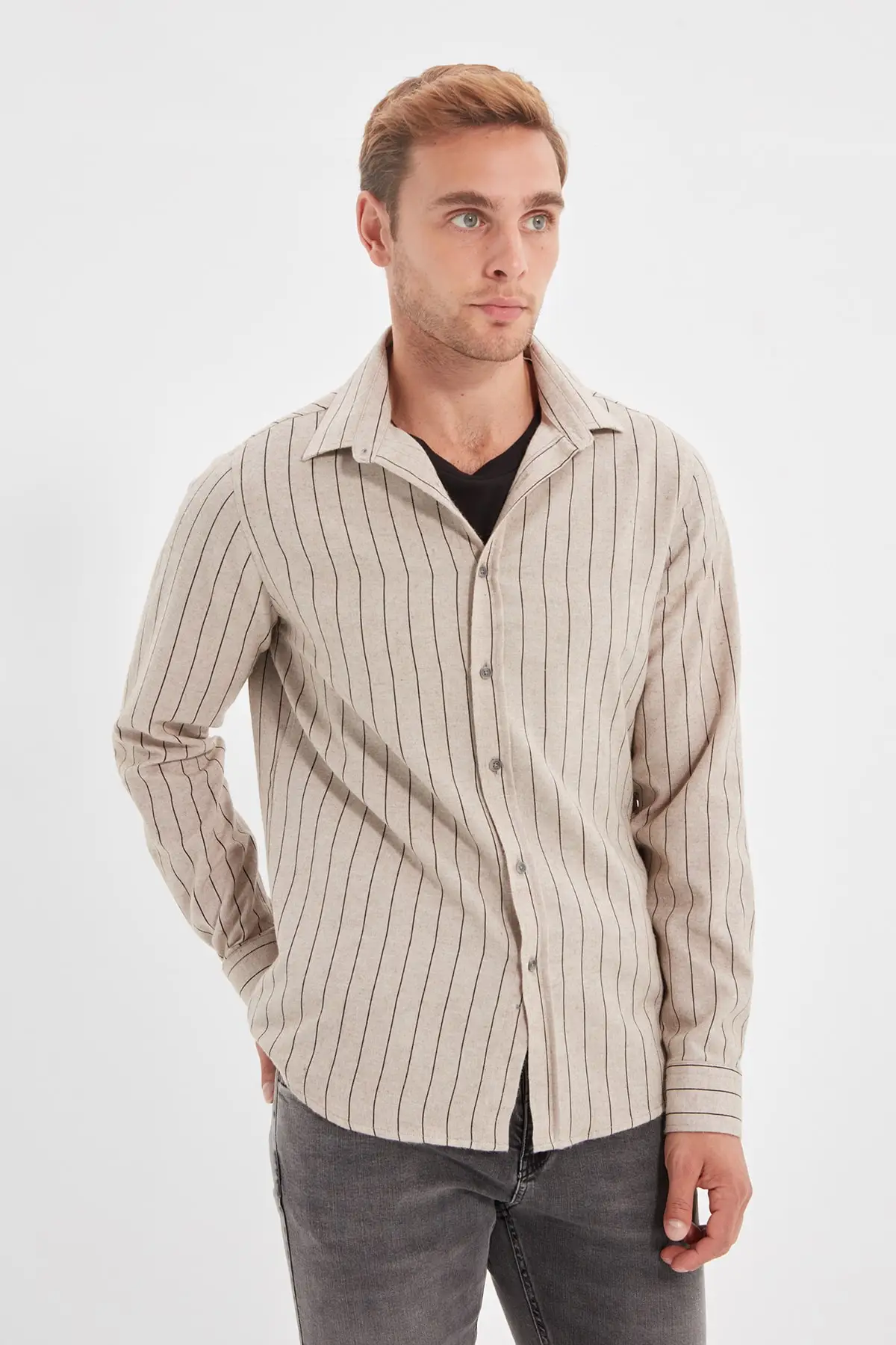 

Trendyol Male Slim Fit Shirt Collar Long-Sleeved Striped Shirt TMNAW22GO0449