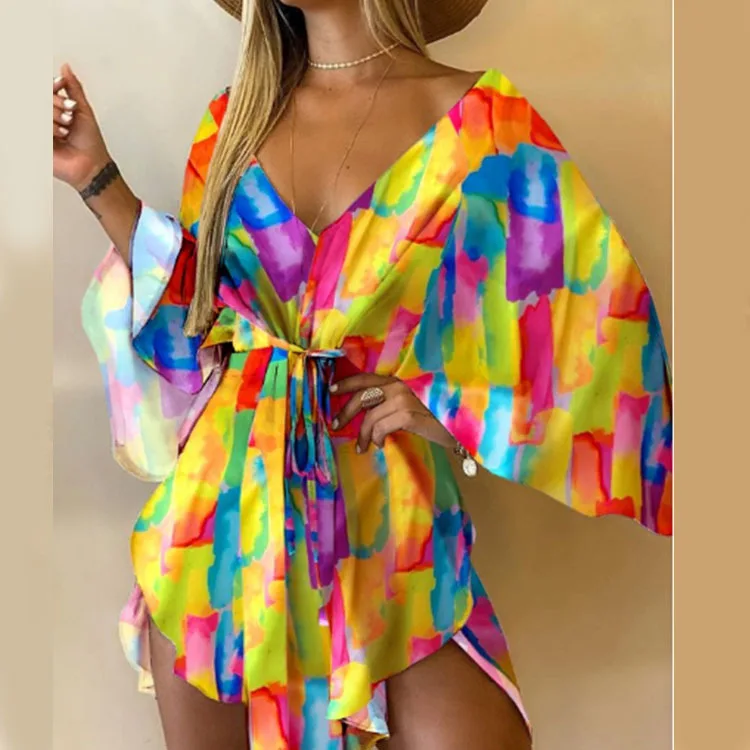 

Women Sexy V-Neck Mini Dress 2022 Spring Summer Batwing Sleeve Lace-up Dress Ladies Irregular Party Dresses Vestido Playa