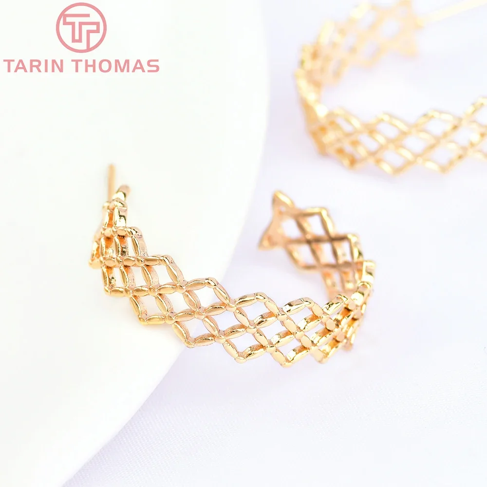 (6101) 4 шт. 27x24 мм 24-каратного золота латунные серьги-гвоздики в виде ромба сетка