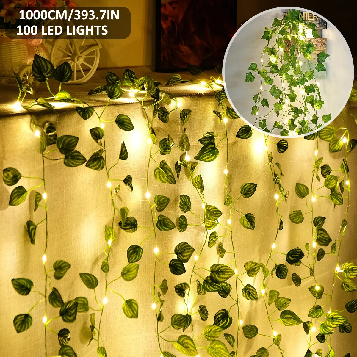 

33FT Artificial Ivy Vine String Lights Hanging Garland with 100LED Fairy String Light Battery Operated 8 Modes Fake Green Leaves