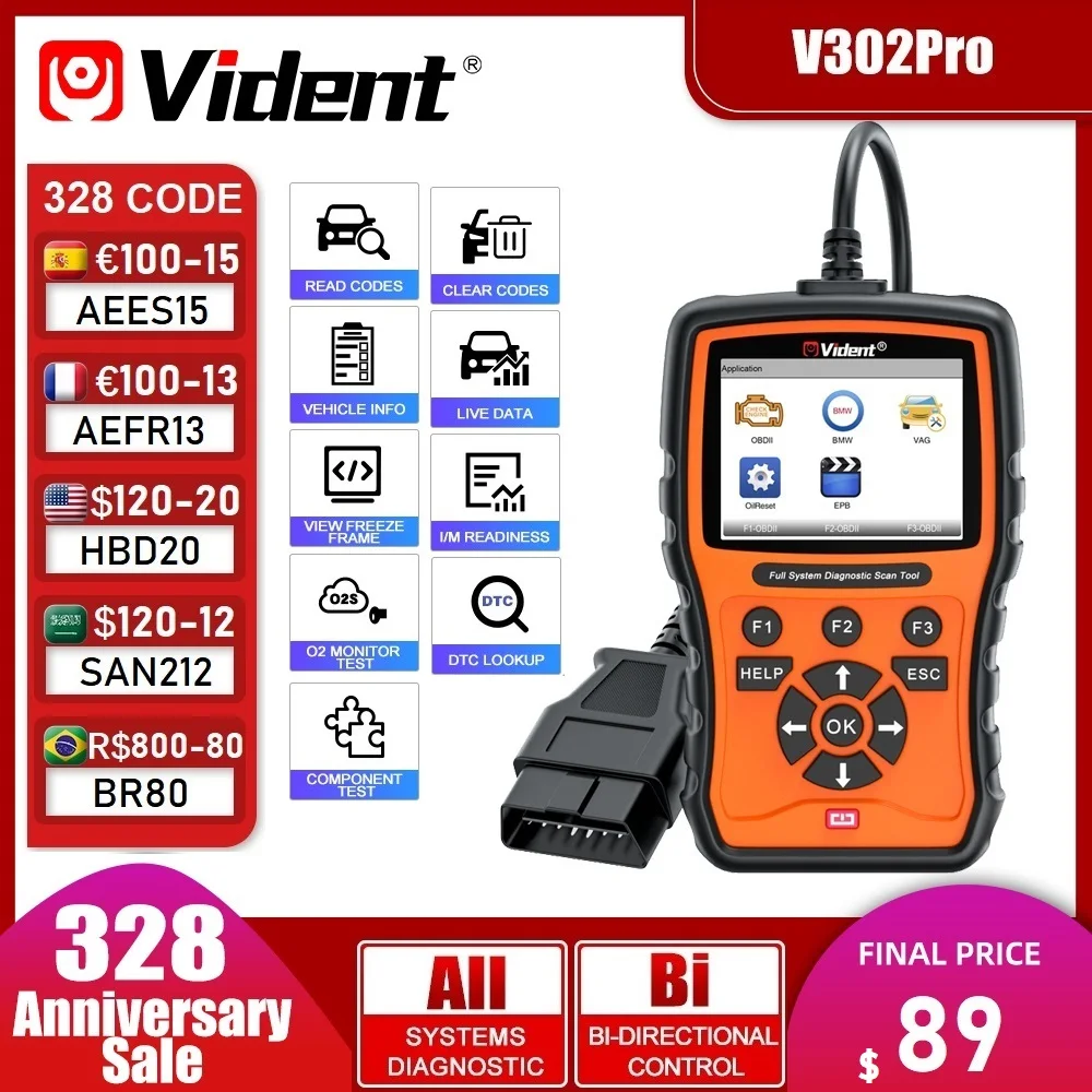 

Vident V302Pro For BMW/Rolls Royce Full System Diagnostic Tool ECU Coding Active Test 14 Reset Function Automotive Code Reader