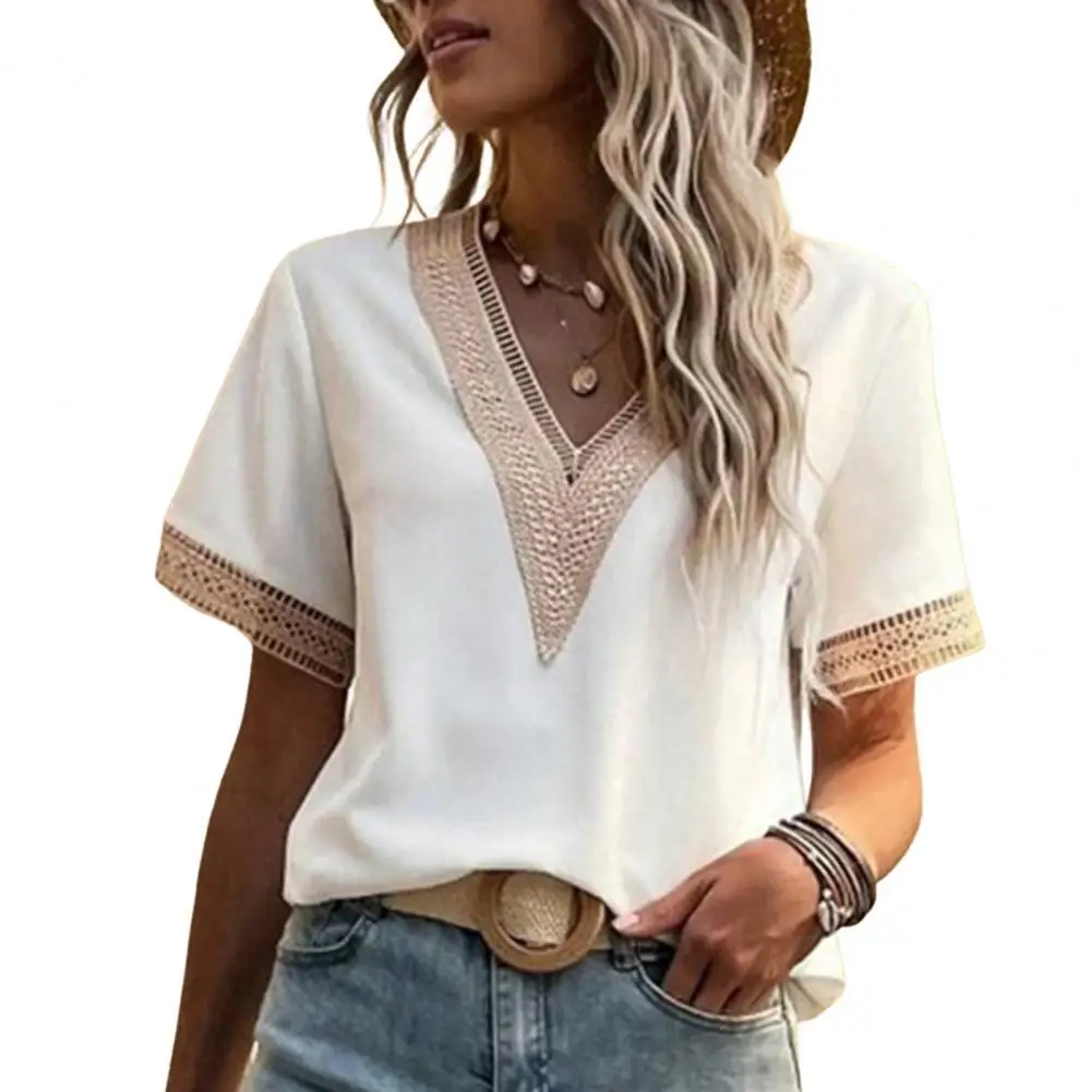 

2022 Summer New Office Lady Shirt Elegant Lace Patchwork Short Sleeve Shirt Top for Office Pullover Blouse T-shirt Streetwear