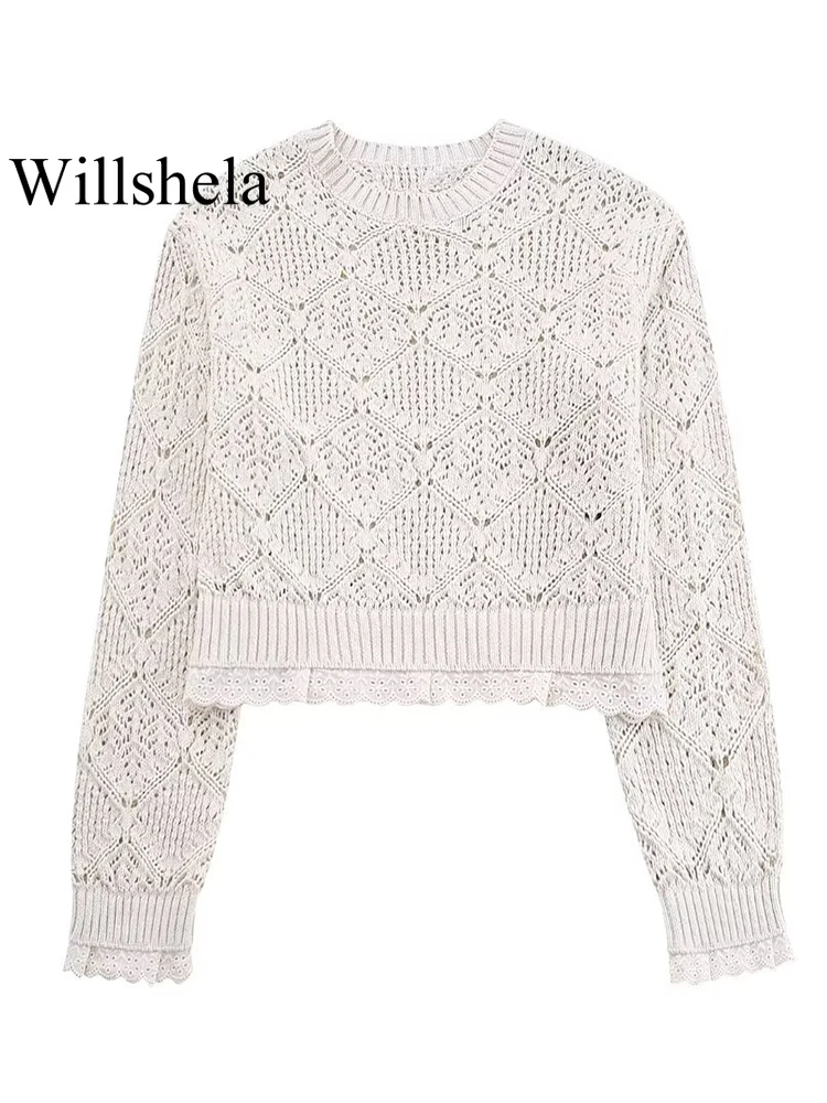 

Willshela Women Fashion Beige Lace Hem Hollow Out Knitted Sweater Vintage O-Neck Long Sleeves Female Chic Lady Tops