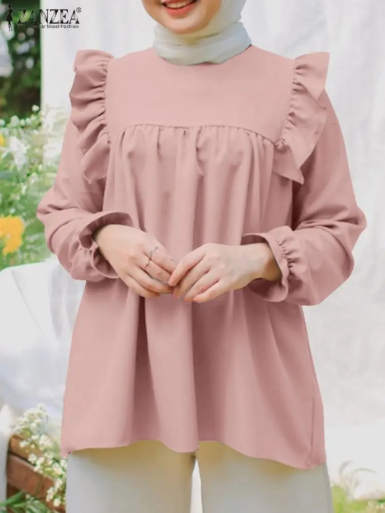 

Осенняя женская блузка, мусульманский хиджаб, топы ZANZEA, модная рубашка с длинным рукавом и круглым вырезом, женские элегантные блузки, Рамадан, кафтан, повседневные блузы