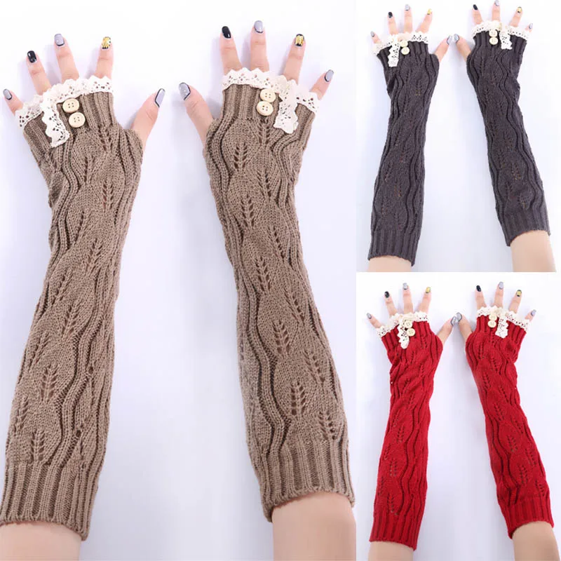 

1pair Winter Warmer Women Stylish Button Lace Gloves Girl Arm Crochet Knitting Hollow Leaves Mitten Warm Fingerless Gloves