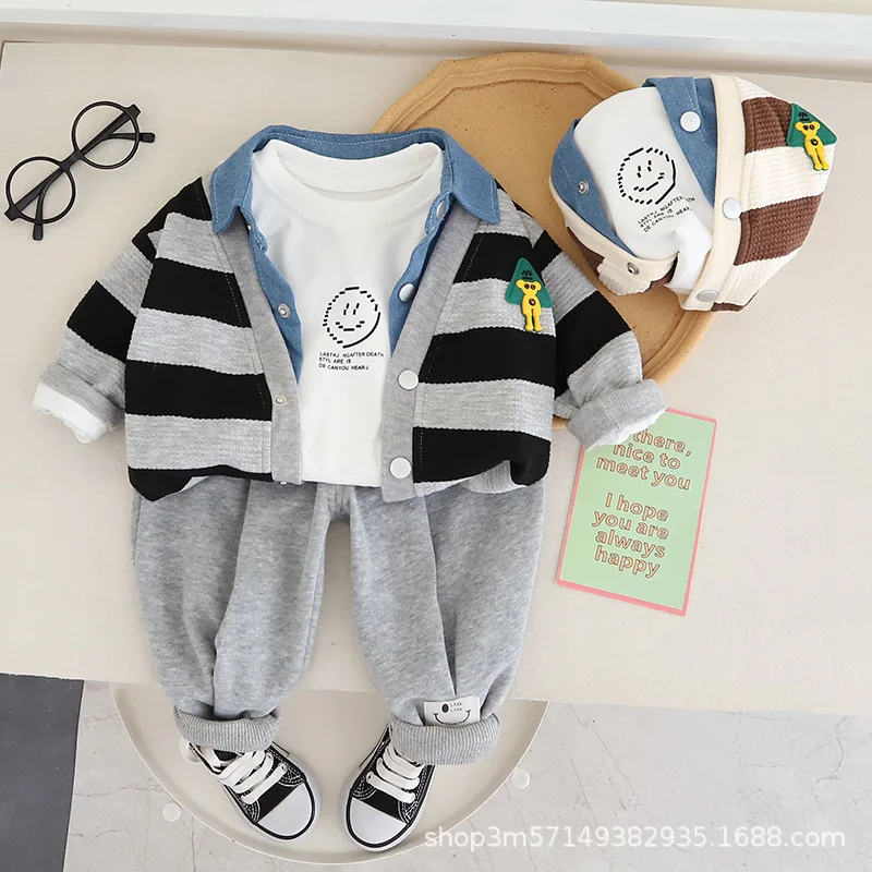 

Children's Clothing Korean Style Fashion and Handsome Plaid Denim Coat Spring and Autumn Long Sleeve Three-Piece Suit Children's