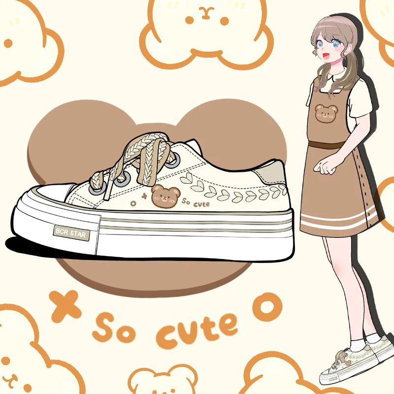 

Amy and Michael 2022 Autumn Sweet Girls Students Anime Bear Canvas Sneakers Teens Retro Casual Plimsolls Women Vulcanize Shoes