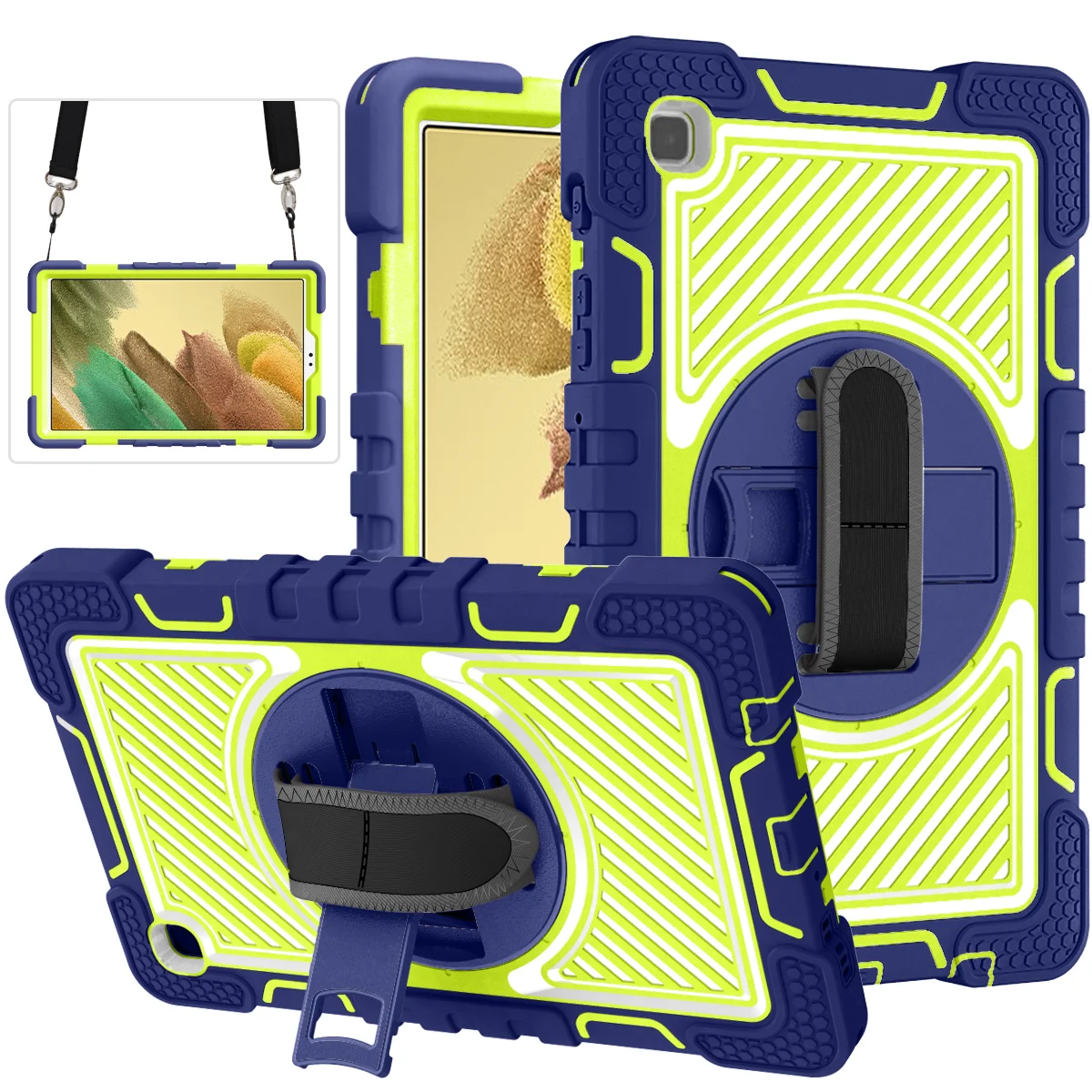 

Для Samsung Galaxy Tab A7 Lite T220/T225, полноразмерный защитный чехол с защитой от детей, вращающийся на 360 градусов чехол с подставкой и ремешком на руку