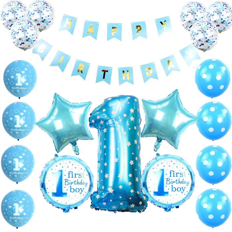 

SURSURPIRSE Number 1 Star Foil Balloon Blue Pink Printed Confetti Balloons Paper Banner for Boy Girl 1st Birthday Party Supplies