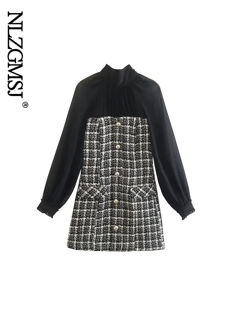 

Nlzgmsj Tweed Dress Autumn Winter Back Bow Tie Small Fragrance Stitching Chiffon Lantern Sleeves Long Sleeve Mini Dress