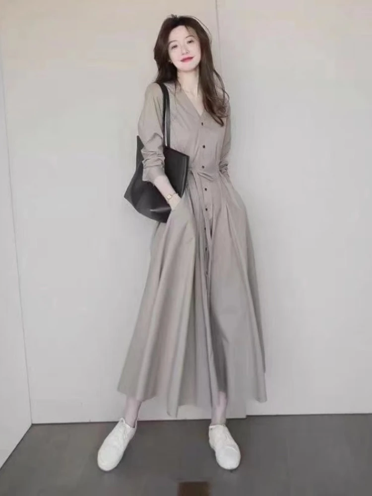 

2022 Spring and Summer French Solid Color Long Skirt Temperament Retro Gentle Casual Skirt Design Sense Shirt Dress Women