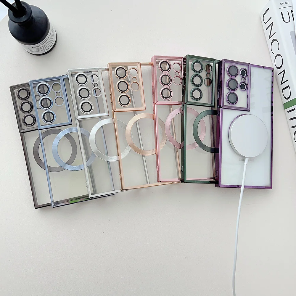 

Straight Edge Electroplated Magnetic Phone Case For Samsung Galaxy S23 S22Plus Ultra Wireless Charging Transparent Soft Shell