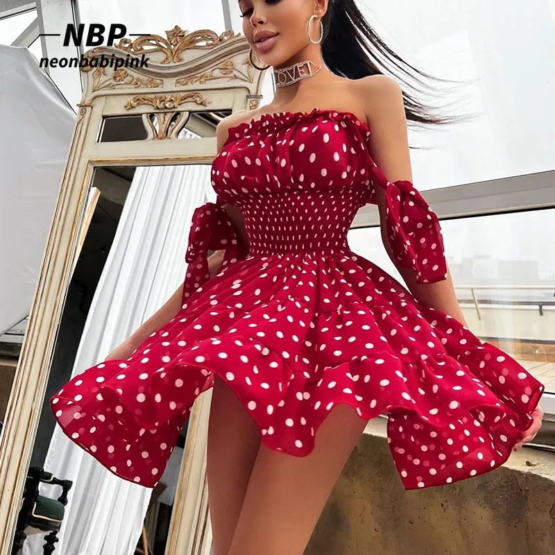 NEONBABIPINK Polka Dot Chiffon Dress Cute Sexy Smocked Off Shoulder A Line Mini Dresses for Women 2022 Summer Clothes N93-DZ21