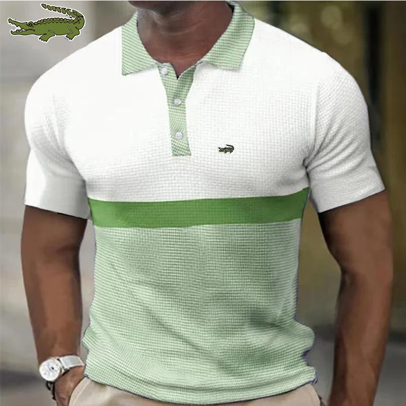 

New embroidery men's POLO Spring and Autumn short sleeve shirt small plaid mixed cotton men's zipper lapel T-shirt men's casual