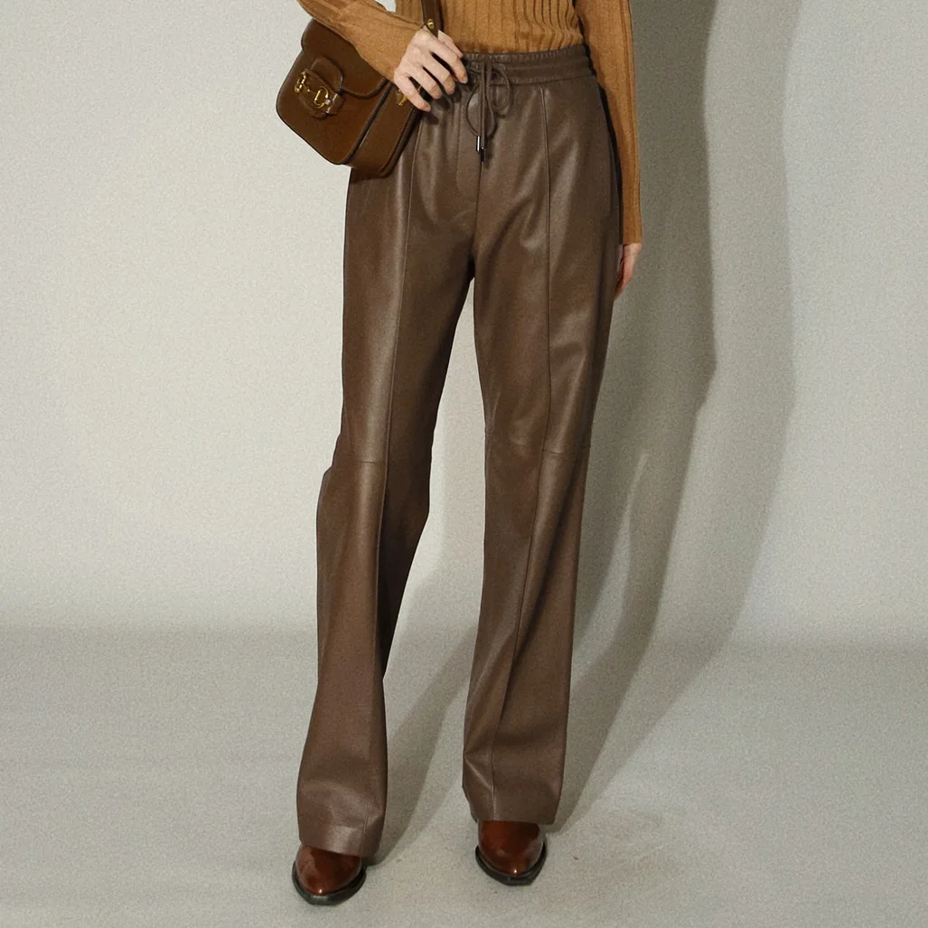 2023 New Elastic Waist Drawstring Design Long Genuine Sheepskin Wide Leg Leather Pants E25