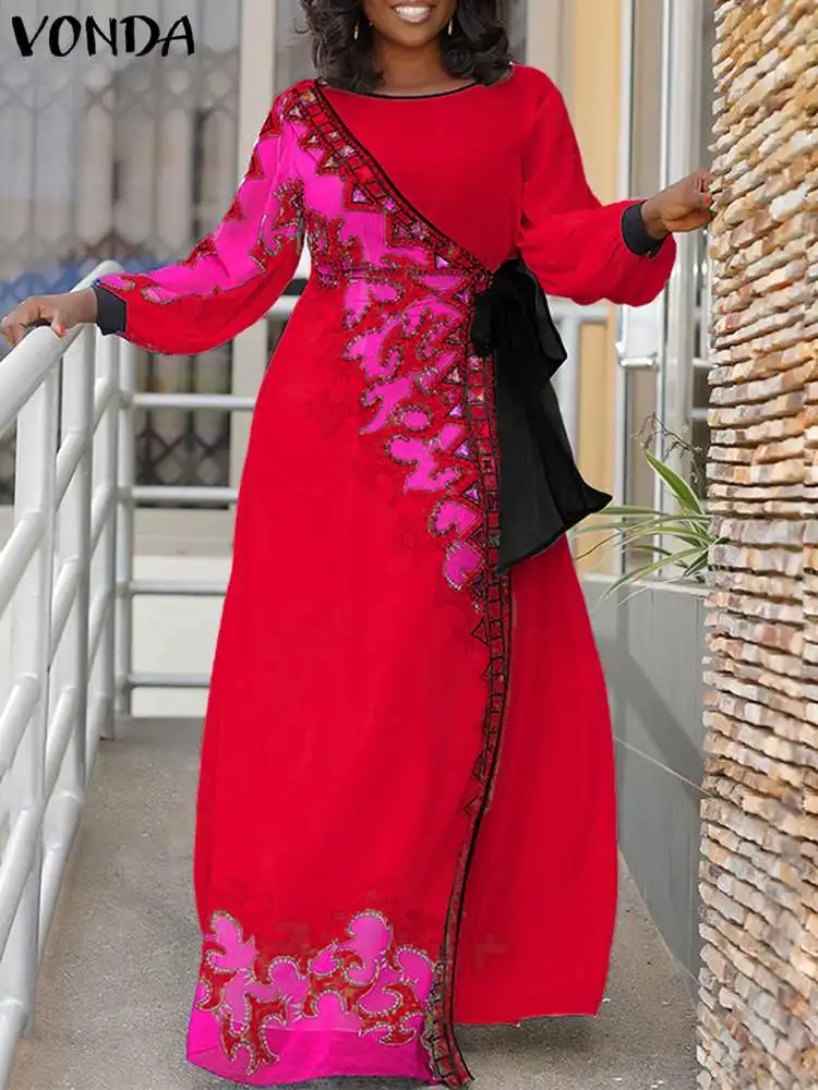 Plus Size 5XL VONDA Summer Bohemian Vintage Printed Dress Women Sexy Long Sleeve Pleated Party Maxi Vestidos Casual Loose Robe