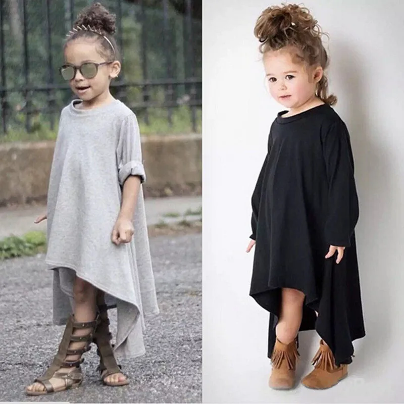 

Dress Spring And Autumn Girls Dress Black And Gray Irregular Hem dresses for Children's Long Sleeves Solid Dress For Kids