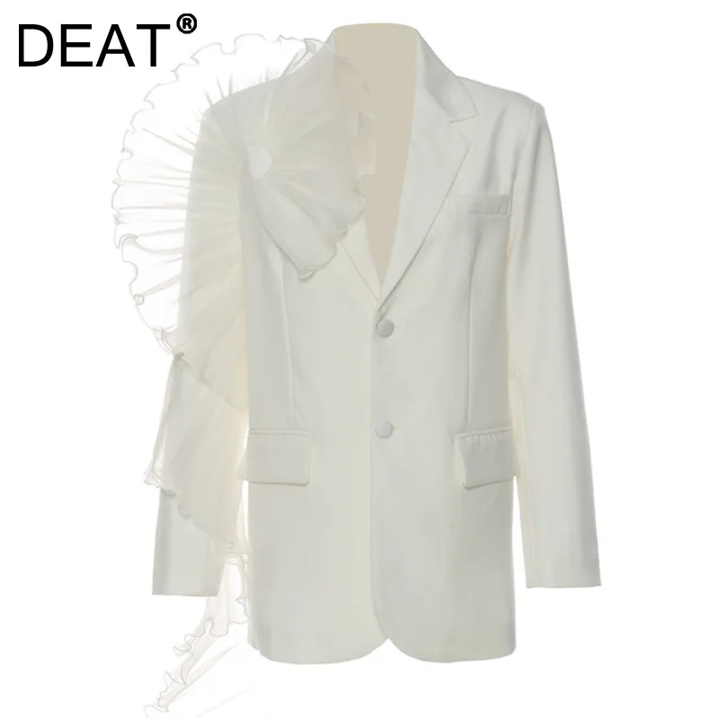 

Женский блейзер с длинным рукавом DEAT, черный свободный пиджак с отложным воротником и оборками, осень 2023