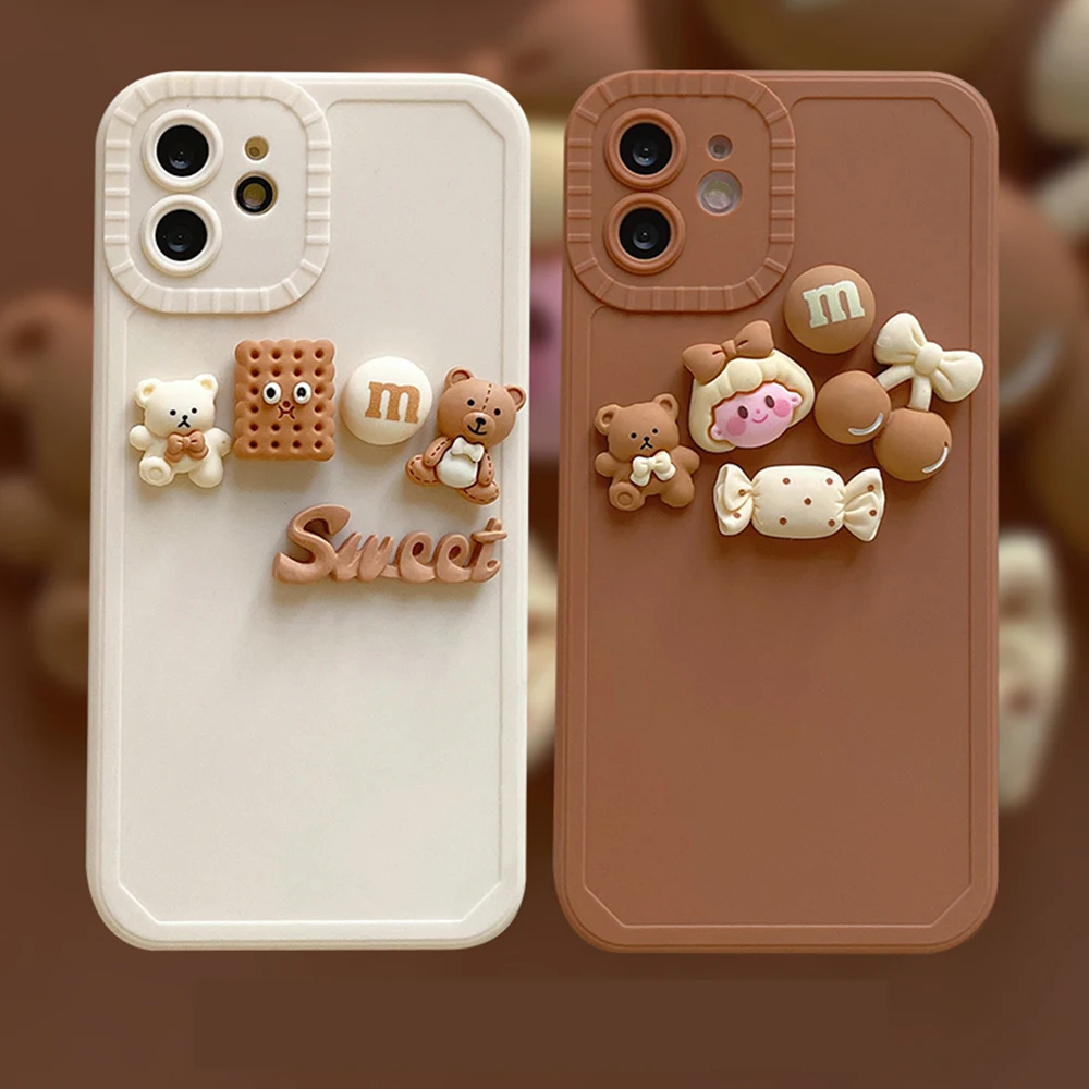 

INS Candy Girl 3D Cartoon Bear Doll Phone Cases For IPhone 13 12 11 Pro Max XR XS MAX 8 X 7 SE 2020 Anti-drop Soft Cover Gift