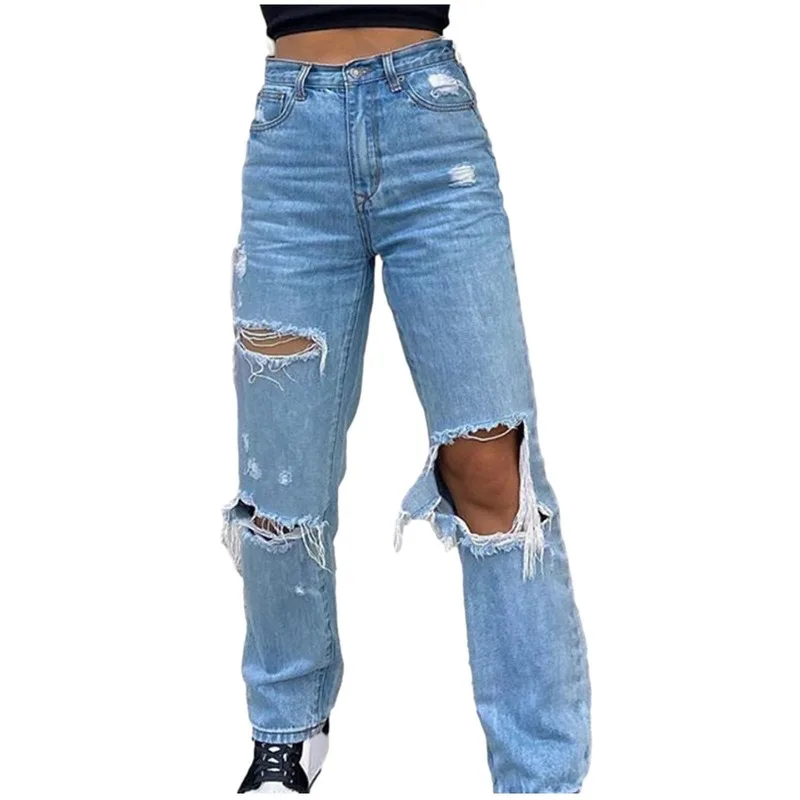 2023 Jeans Trousers with Holes and Fine Buttons High Waist Pockets Elastic Women's Clothes with Holes Loose Denim Trousers