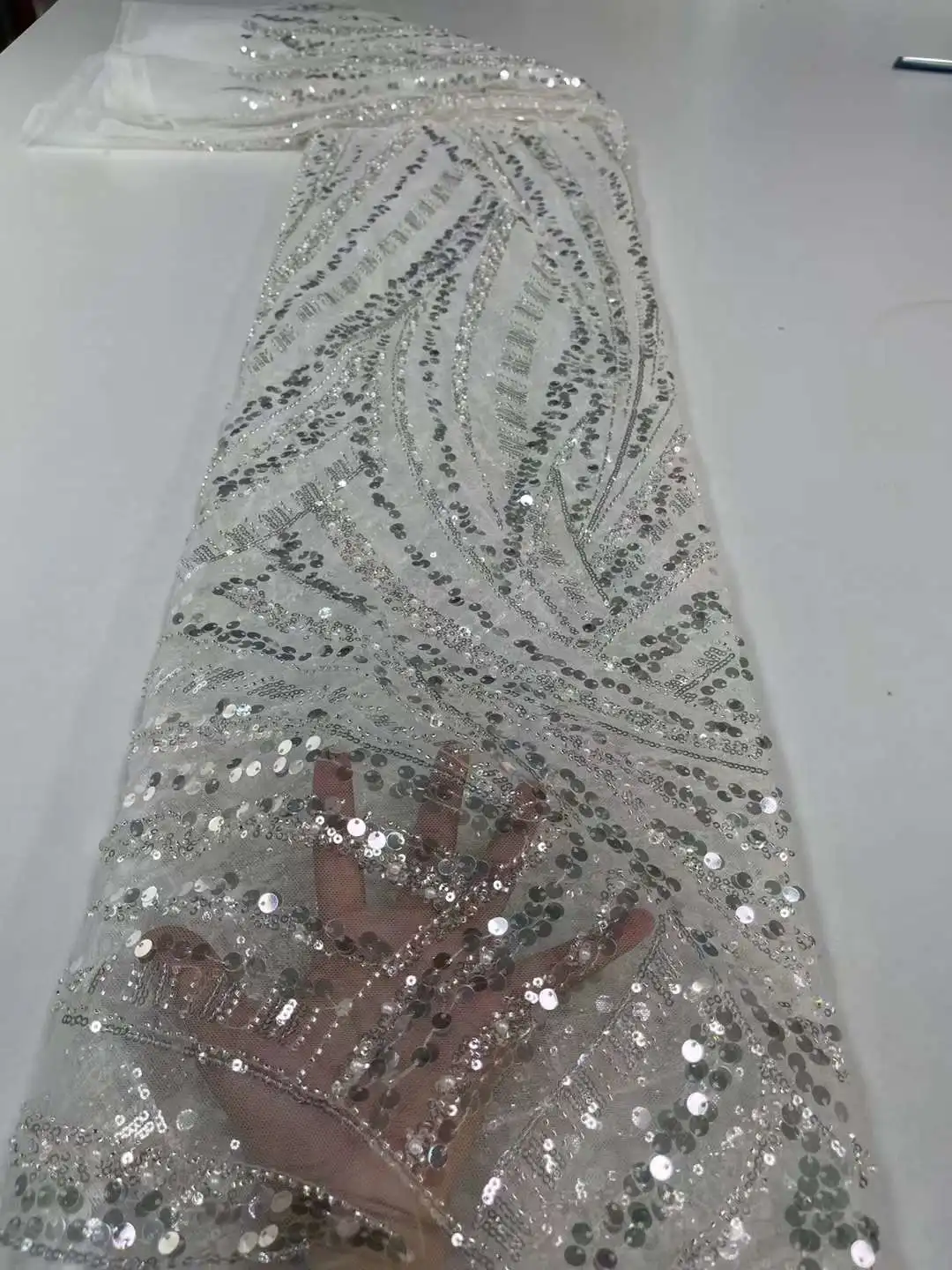 

African Lace Fabric 2022 High Quality Handmade Beads Groom French Mesh Lace Fabric With Sequins Nigerian Lace Fabric For Dresses