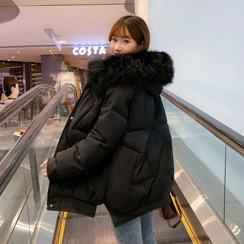 Winter Women Hooded Down Jacket Fashion Fur Collar Cotton Jacket Plus Velvet Warm Large Size Coat Elegant Pregnant Clothing