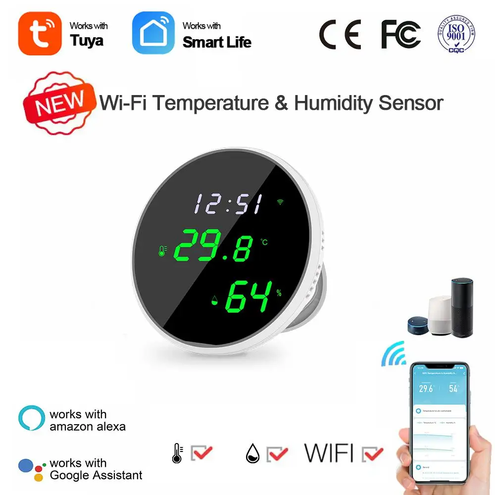 

Датчик температуры и влажности Tuya Wi-Fi с ЖК-дисплеем и будильником