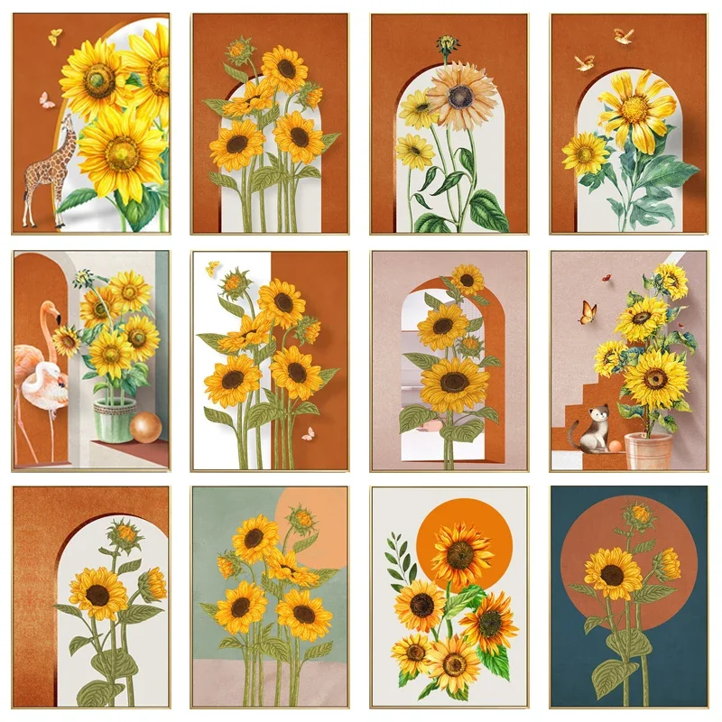 Плакат с подсолнухами и бабочками на холсте