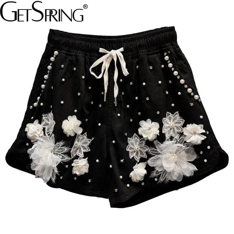 

GetSpring женские джинсовые шорты с эластичной талией и бисером, сетчатые шорты, модные Универсальные синие шорты для девушек, новинка 2022 года