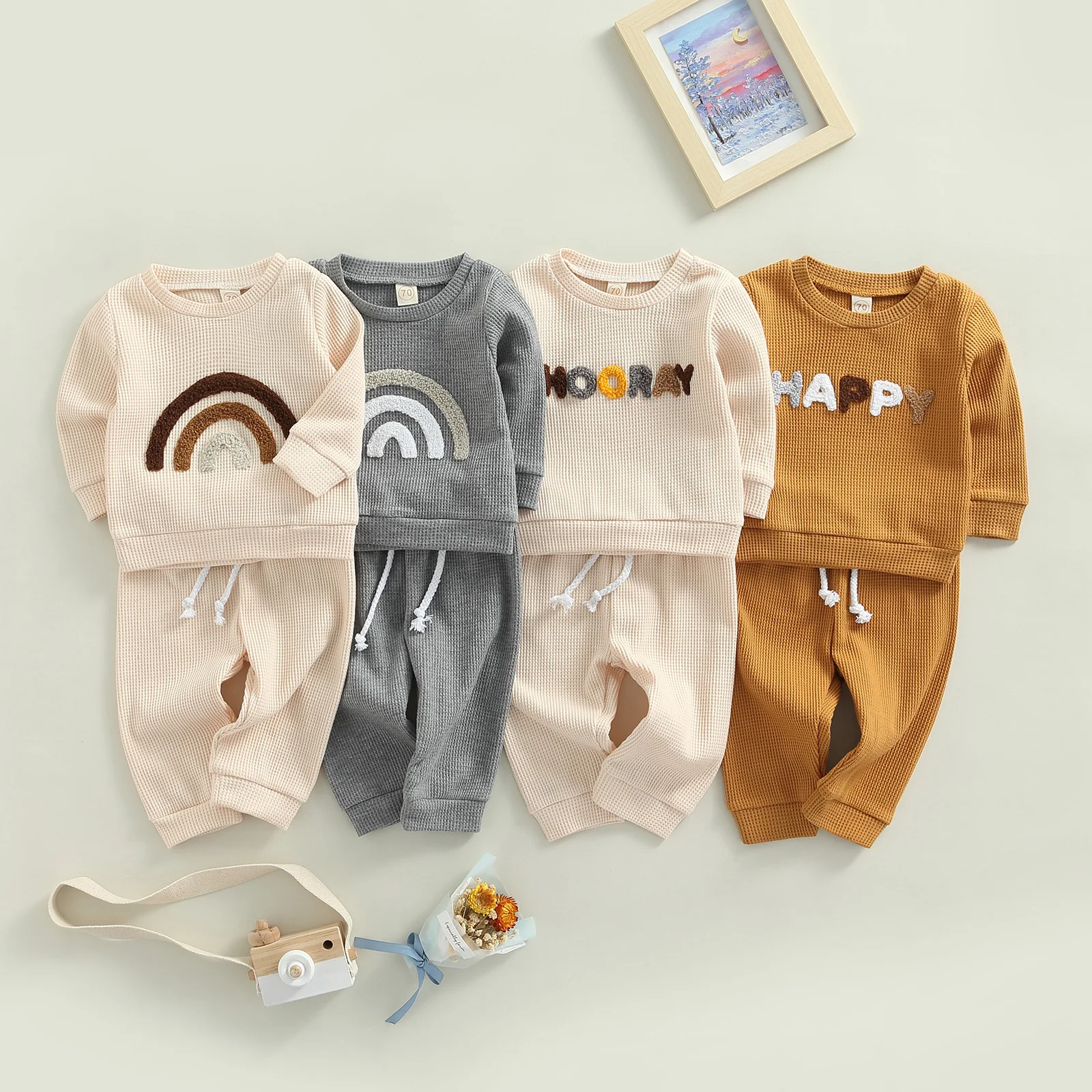 Newborn Infant Newborn Baby Girls Boys Clothes Set Letter Rainbow Pattern Long Sleeve Pullover + Elastic Waist Pants