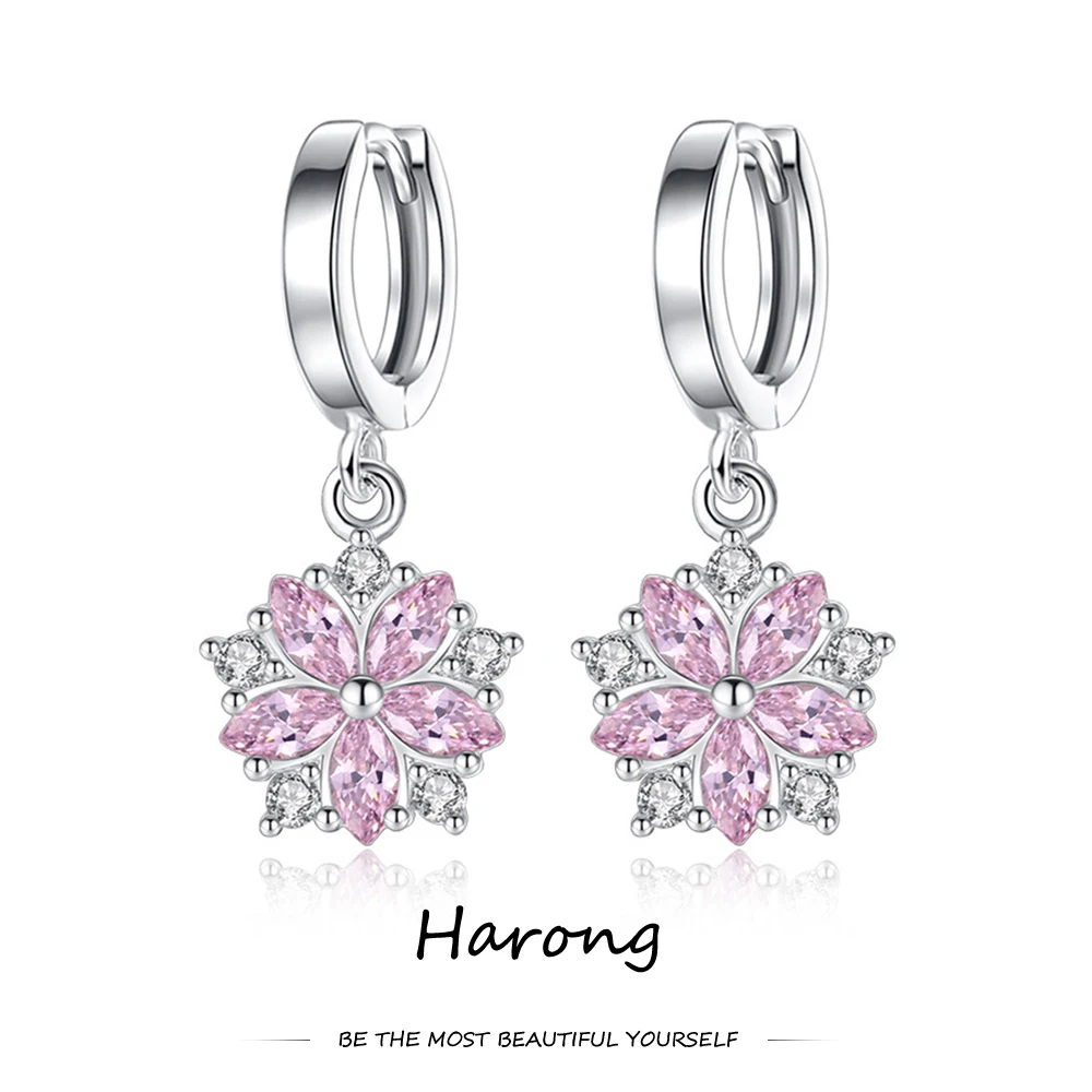 

Harong Luxury Crystal Flower Drop Earrings Crystal Inlaid Pink Trendy Women Girls Jewelry Gifts Dangle Earrings