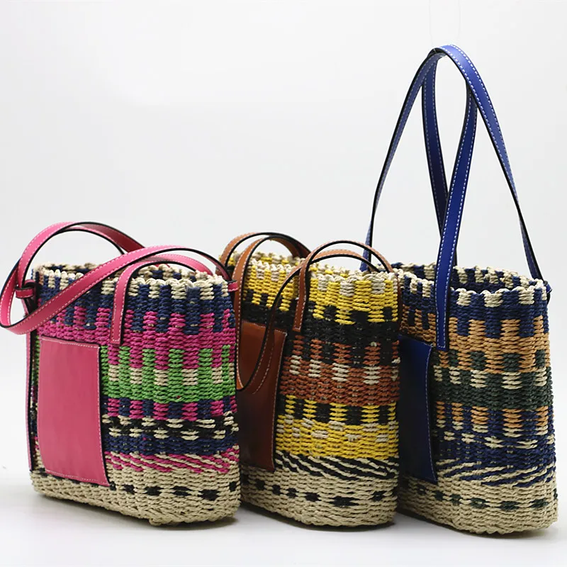 

2022 соломенная сумка для пляжа женская, квадратная, плетеная, летняя, пестрая окраска, с ремешком