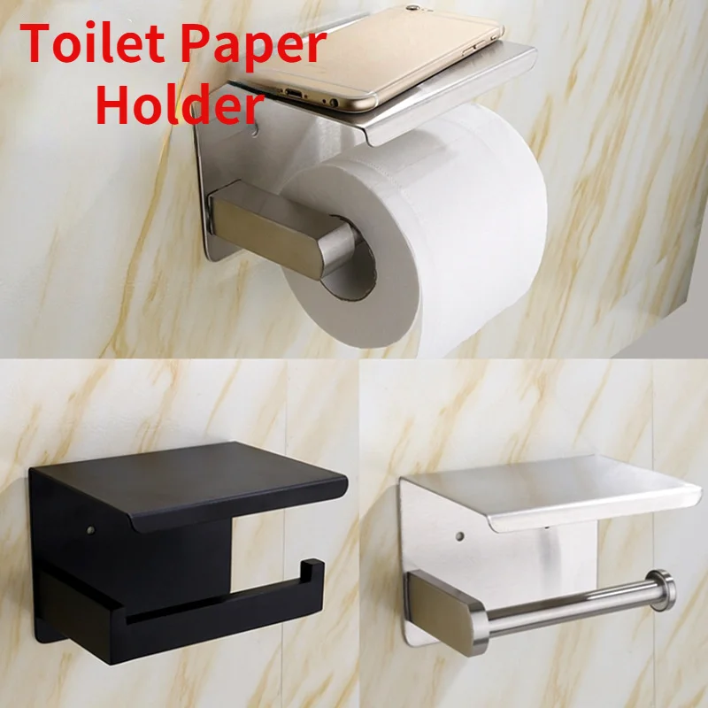 

Wall Mounted Black Toilet Paper Holder Tissue Paper Holder Roll Holder With Phone Storage Shelf Bathroom Accessories