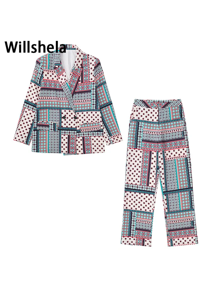 

Willshela Women Fashion 2 Piece Set Printed Double Breasted Blazer & Front Zipper Straight Trouser Female Office Lady Blazer Set