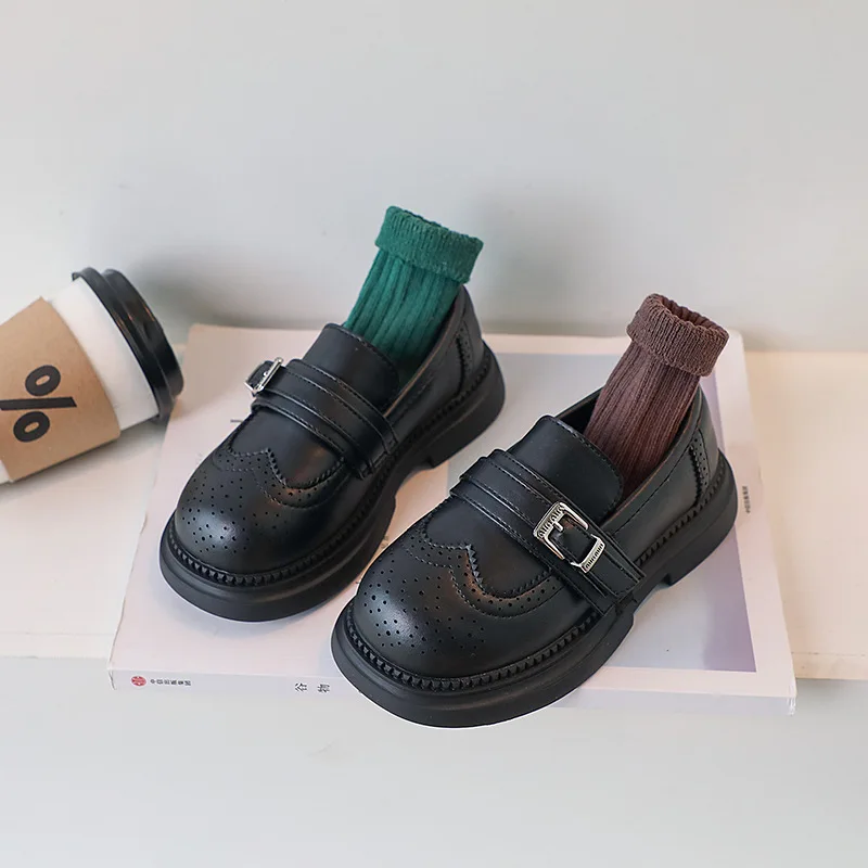 

England Style Black Leather Shoes for Girls Boys Autumn Kids School Shoes Student Fashion Leather Shoes Girls Single Size 26-37