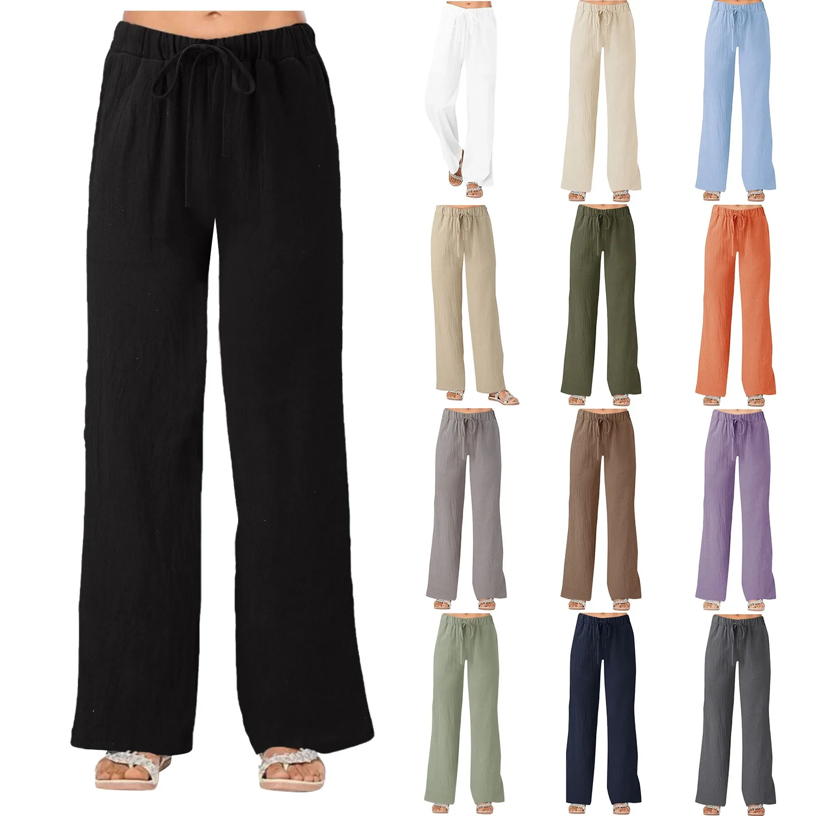 Women Cotton Linen Pants Elastic Waist Loose Straight Pants Fashion Solid Color Female Ankle-length Trousers Casual Pantalones