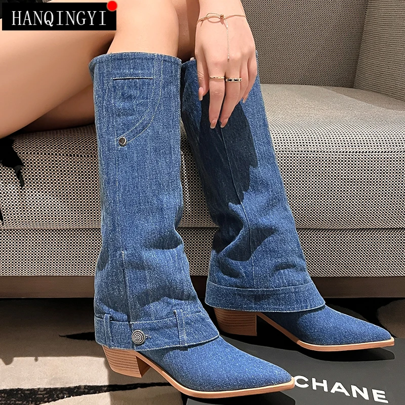 

2023 Western Women Boots Pumps Female Shoes For Elegant Denim Heels Autumn Knee-High Ladies Pointed Toe Chelsea Boots Footwear