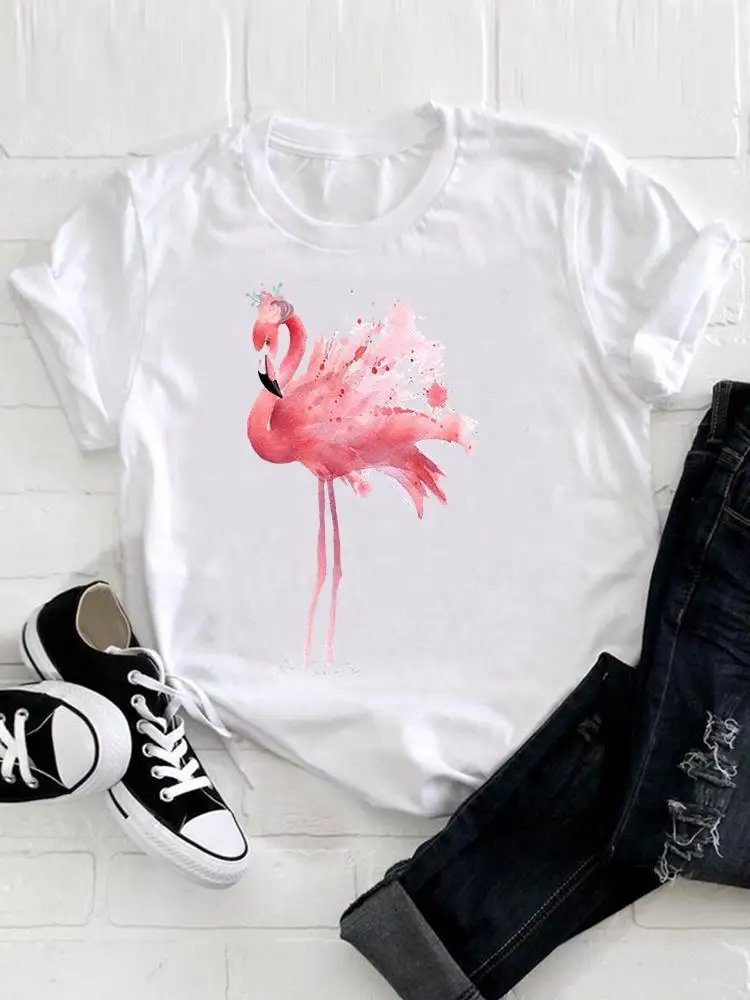 

Short Sleeve Clothes Casual Summer Tee Fashion Women Clothing Watercolor Flamingo Print Tshirt Female Top Graphic T-shirt