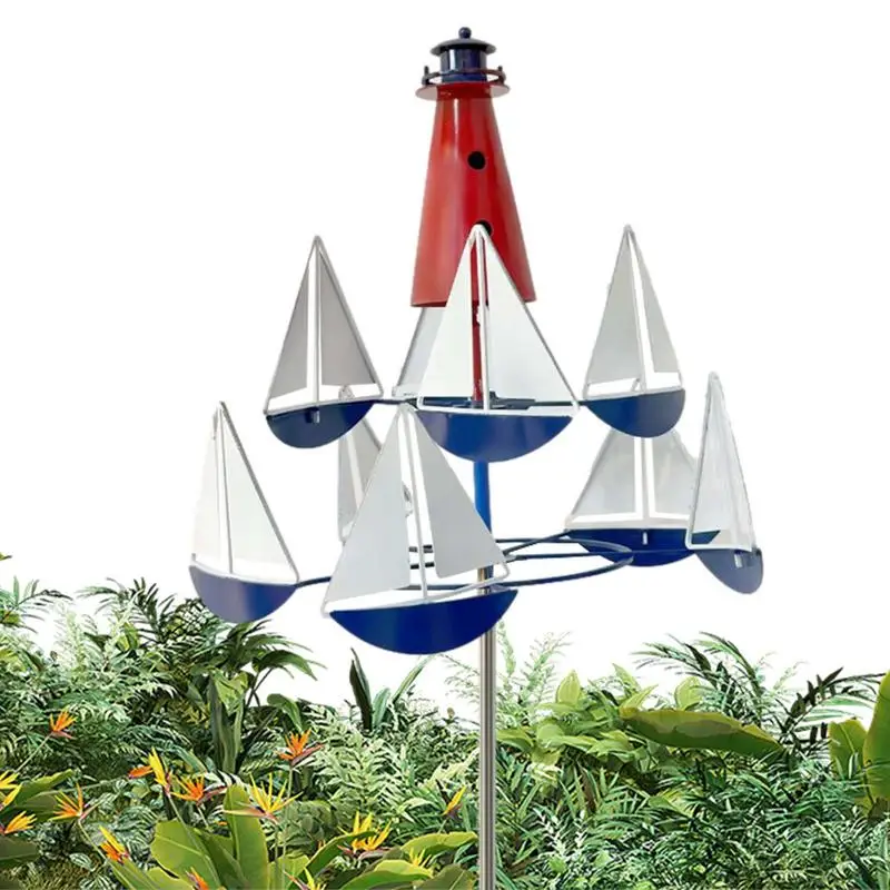 

Outdoor Lighthouse Sail Boat Windmills Wind Spinner Kinetic Art Sculpture Metal Decor For Yard Lawn Garden