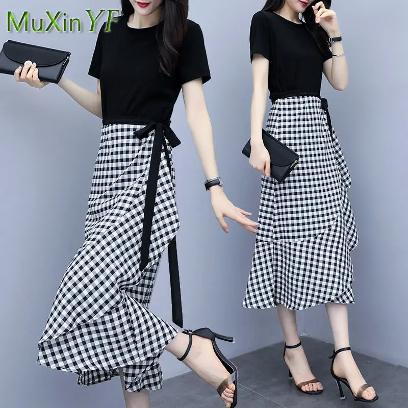 

Women's Summer T-Shirt Skirt Two Piece 2022 New Elegant Short Sleeve Dress Set Female Clothing France Vintage Plaid Skirts Suit