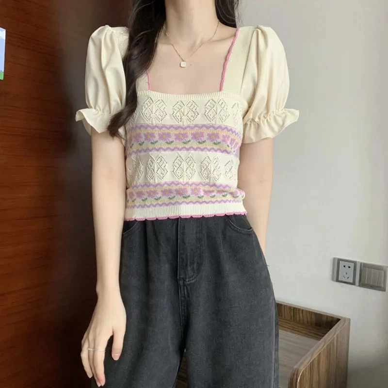 

Yasuk Summer Casual T-Shirt Women Loose Simple Knitted Soft Gentle Short Sleeve Lace Gentle Flower Sweet Bohemia Button