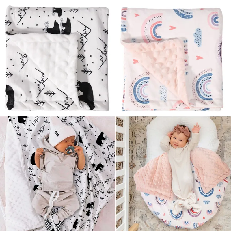 

Soft Winter Warm Baby Blanket Cartoon Rainbow Printed Minky Dotted Double Layer Newborn Swaddle Wrap Stroller Cover Kids Blanket