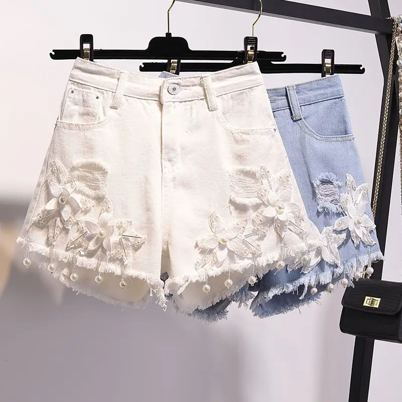 

Summer Denim Shorts for Women Floral Jeans Shorts Female Distressed Short White Jean Shorts Ripped Streetwear Short Pants G27