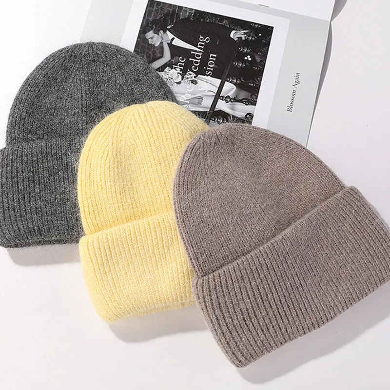 

Модная теплая зимняя вязаная шапка из кроличьего меха унисекс Повседневная Осенняя облегающая шапка для взрослых женские мужские лыжные спортивные шапки однотонная шапка