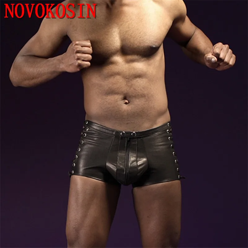 

Трусы мужские, на молнии, со шнуровкой, черные, 2017, Искусственные кожаные боксёры, размера плюс